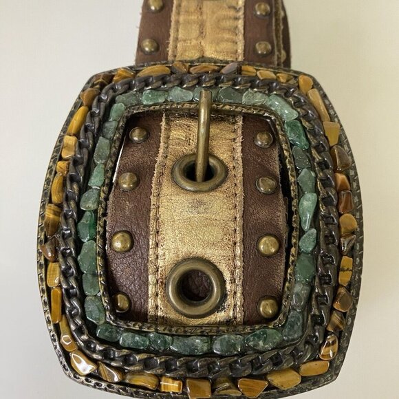 Handmade Brown Leather Statement Belt Semi Precious Stones Studs Up To Size 36 - Picture 4 of 16